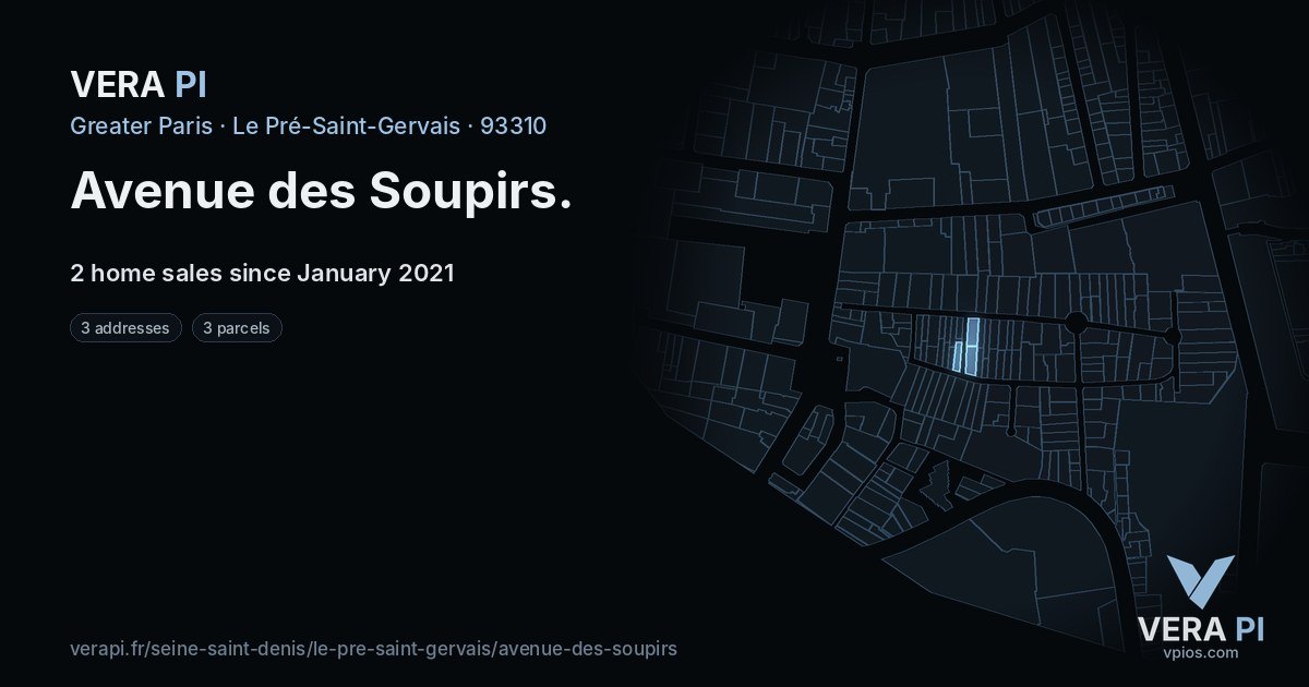 Avenue des Soupirs, Le Pré-Saint-Gervais at night – every parcel coloured by the prices around it, the street's own parcels lit
