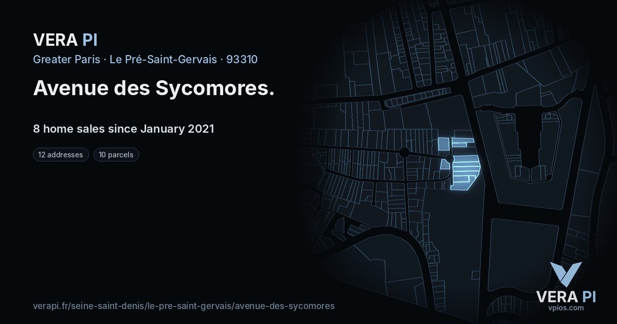 Avenue des Sycomores, Le Pré-Saint-Gervais at night – every parcel coloured by the prices around it, the street's own parcels lit