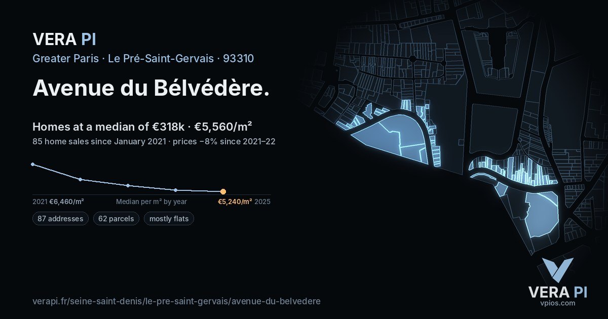 Avenue du Bélvédère, Le Pré-Saint-Gervais at night – every parcel coloured by the prices around it, the street's own parcels lit