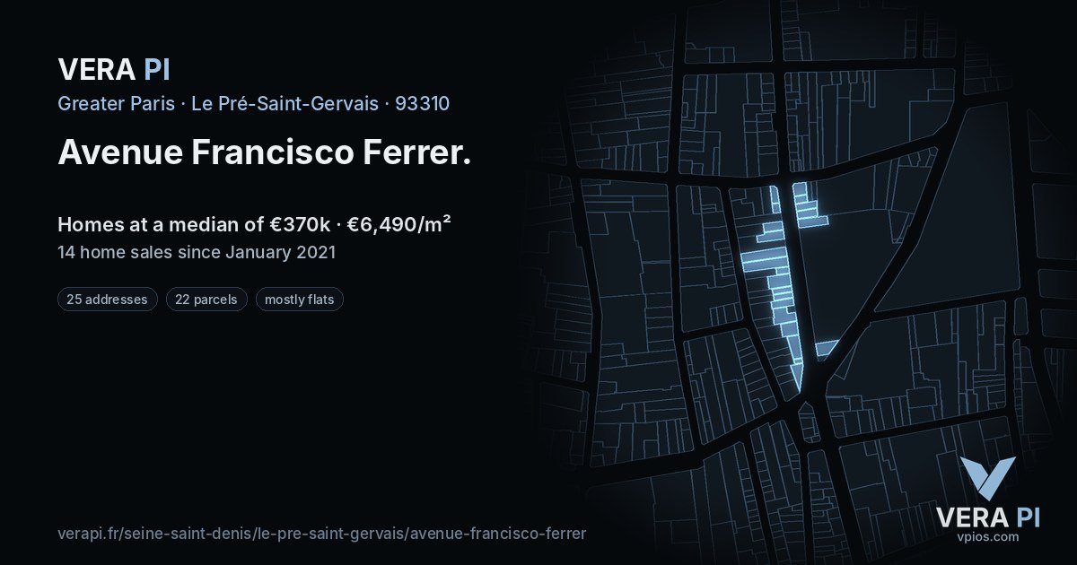 Avenue Francisco Ferrer, Le Pré-Saint-Gervais at night – every parcel coloured by the prices around it, the street's own parcels lit
