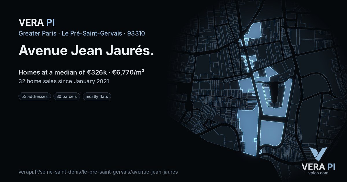 Avenue Jean Jaurés, Le Pré-Saint-Gervais at night – every parcel coloured by the prices around it, the street's own parcels lit