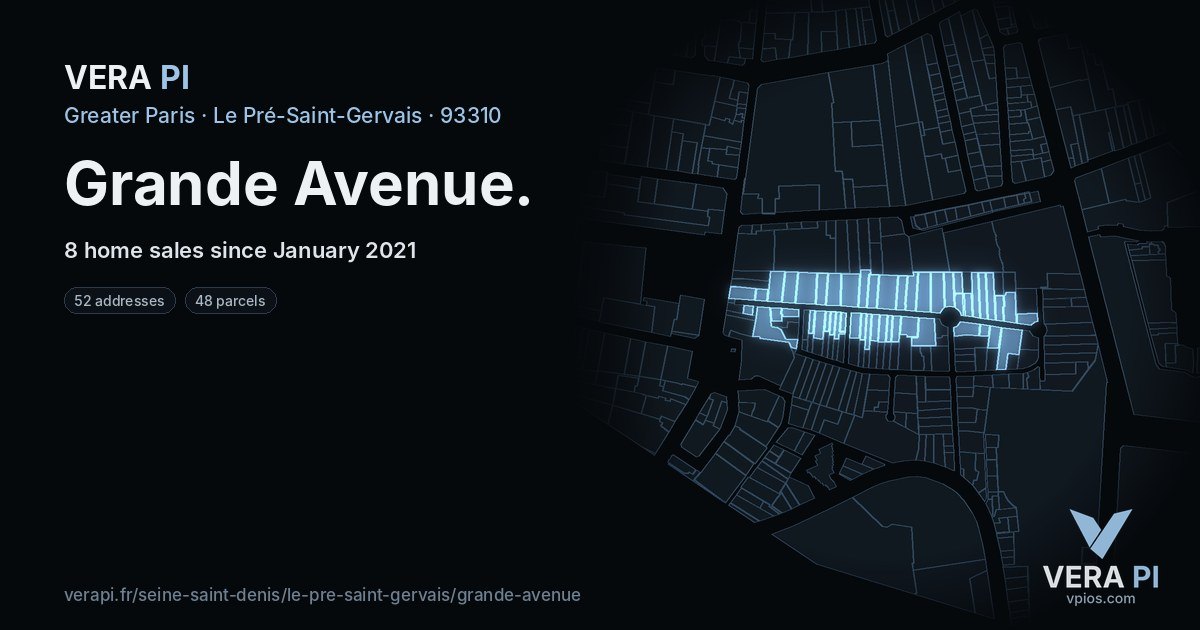 Grande Avenue, Le Pré-Saint-Gervais at night – every parcel coloured by the prices around it, the street's own parcels lit