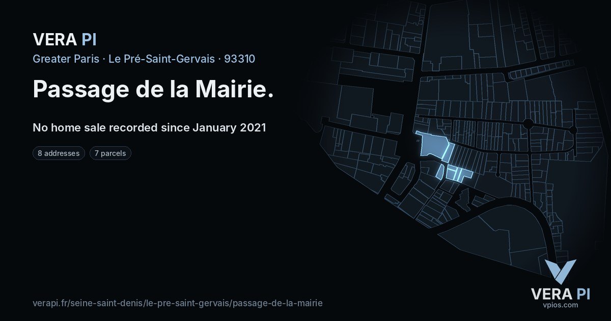 Passage de la Mairie, Le Pré-Saint-Gervais at night – every parcel coloured by the prices around it, the street's own parcels lit