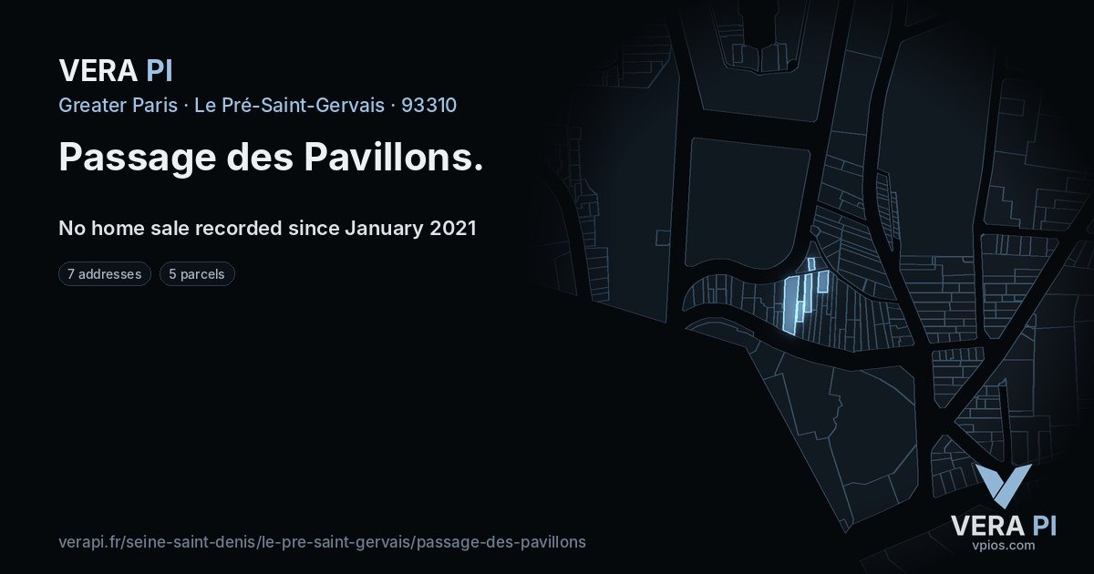 Passage des Pavillons, Le Pré-Saint-Gervais at night – every parcel coloured by the prices around it, the street's own parcels lit
