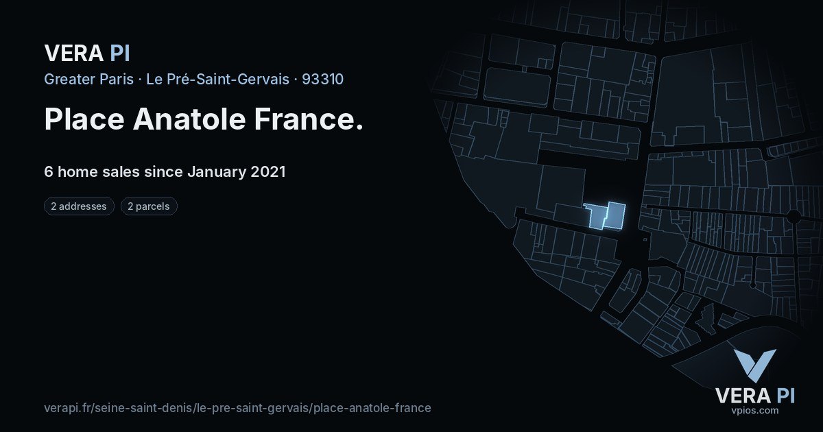 Place Anatole France, Le Pré-Saint-Gervais at night – every parcel coloured by the prices around it, the street's own parcels lit