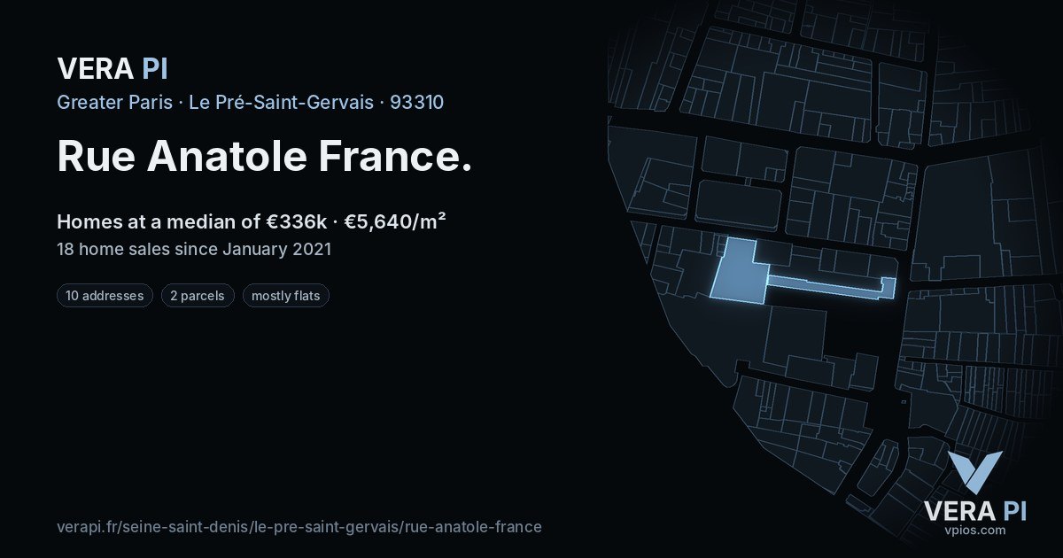 Rue Anatole France, Le Pré-Saint-Gervais at night – every parcel coloured by the prices around it, the street's own parcels lit