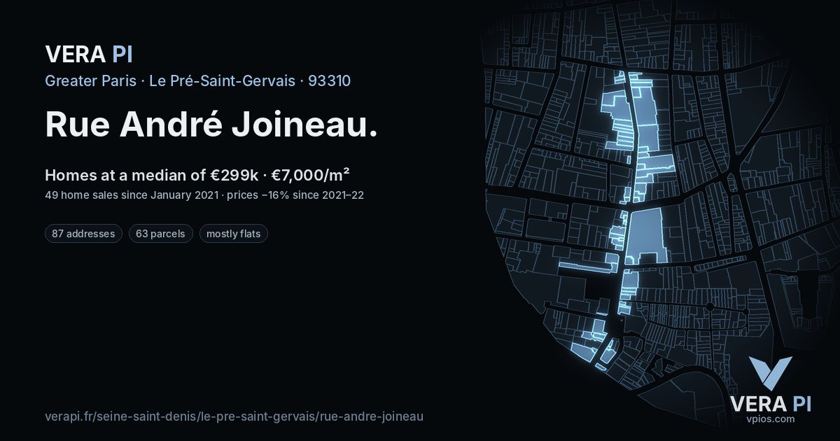 Rue André Joineau, Le Pré-Saint-Gervais at night – every parcel coloured by the prices around it, the street's own parcels lit