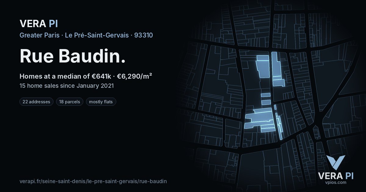 Rue Baudin, Le Pré-Saint-Gervais at night – every parcel coloured by the prices around it, the street's own parcels lit