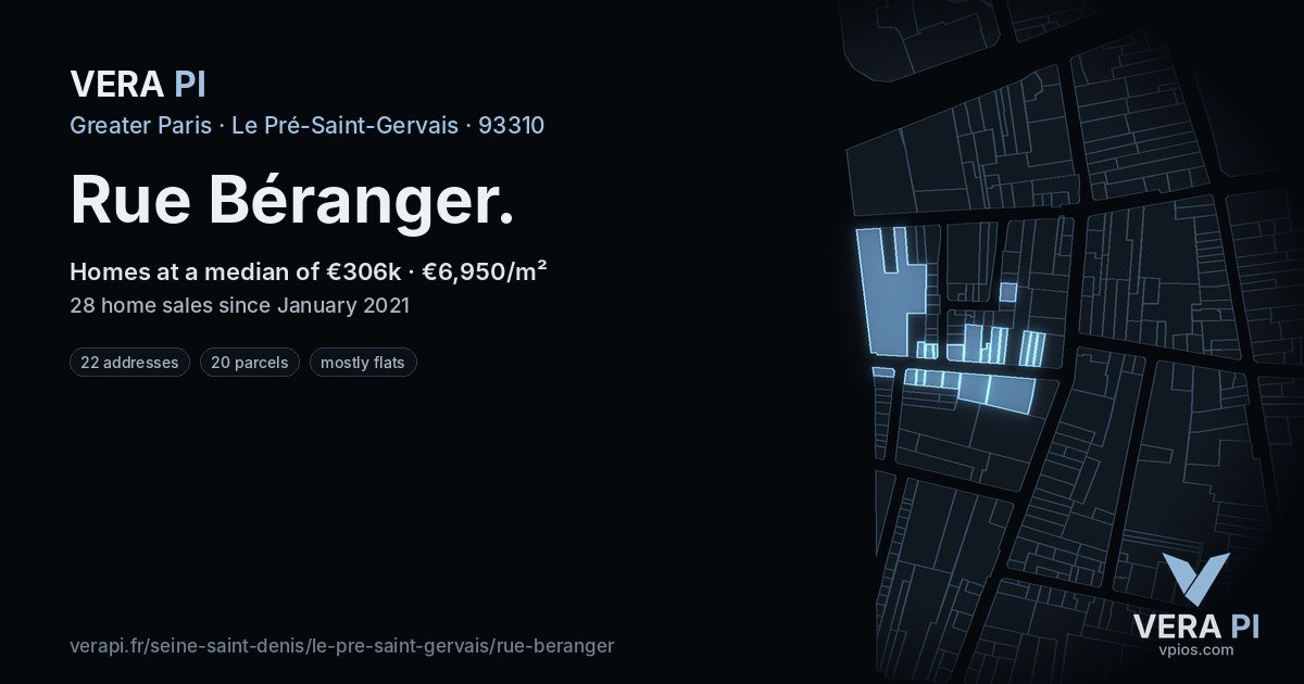 Rue Béranger, Le Pré-Saint-Gervais at night – every parcel coloured by the prices around it, the street's own parcels lit