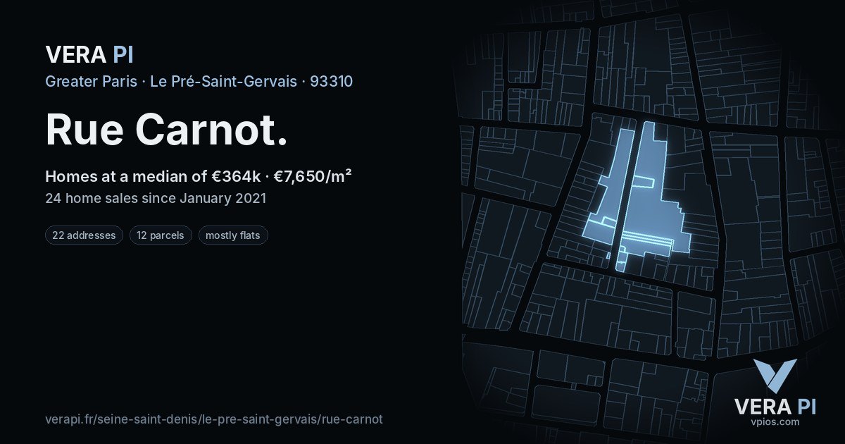 Rue Carnot, Le Pré-Saint-Gervais at night – every parcel coloured by the prices around it, the street's own parcels lit