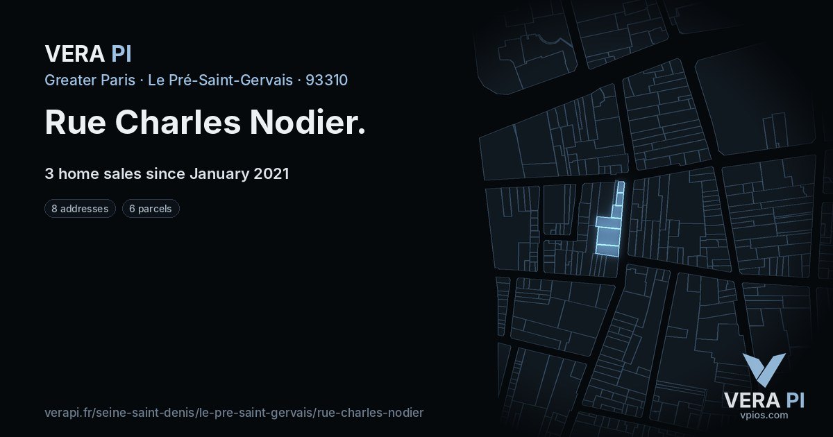 Rue Charles Nodier, Le Pré-Saint-Gervais at night – every parcel coloured by the prices around it, the street's own parcels lit
