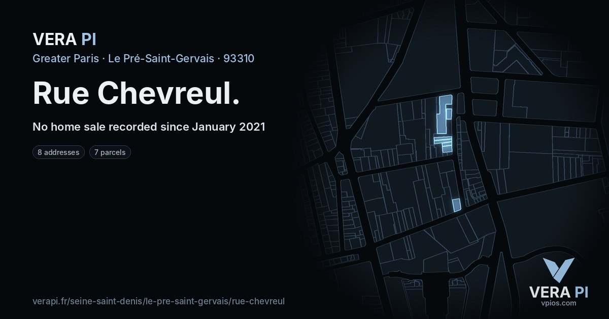 Rue Chevreul, Le Pré-Saint-Gervais at night – every parcel coloured by the prices around it, the street's own parcels lit