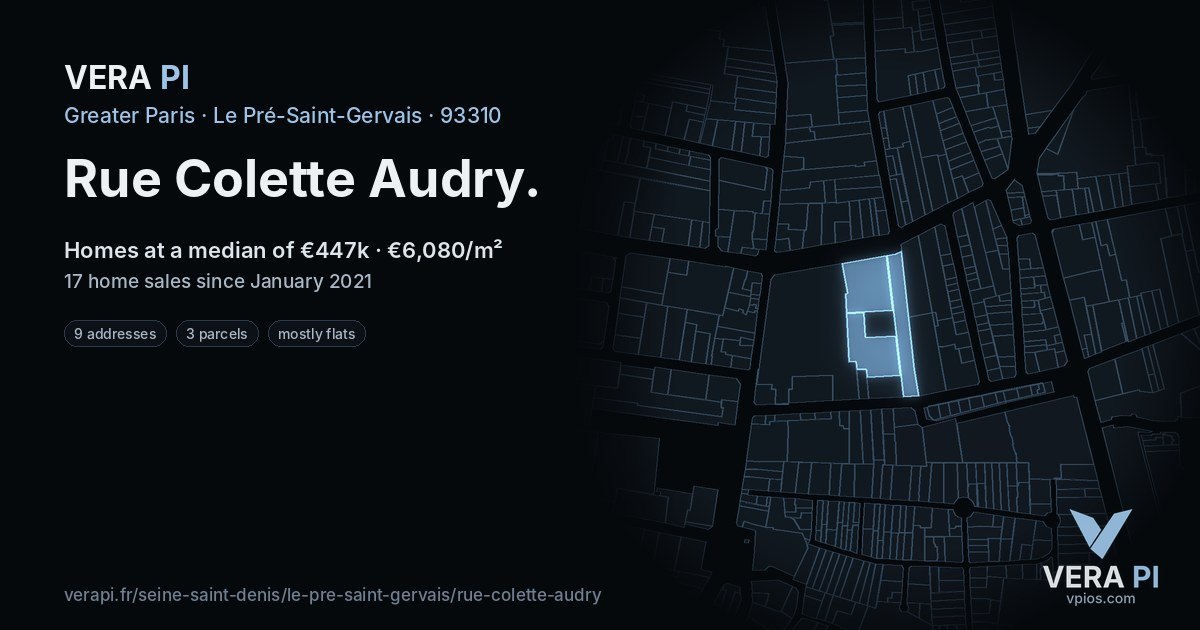 Rue Colette Audry, Le Pré-Saint-Gervais at night – every parcel coloured by the prices around it, the street's own parcels lit
