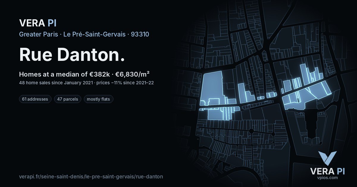 Rue Danton, Le Pré-Saint-Gervais at night – every parcel coloured by the prices around it, the street's own parcels lit