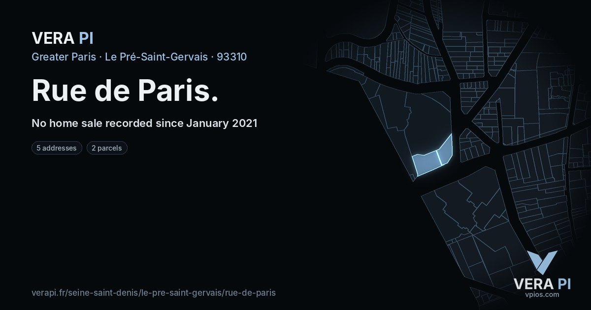 Rue de Paris, Le Pré-Saint-Gervais at night – every parcel coloured by the prices around it, the street's own parcels lit