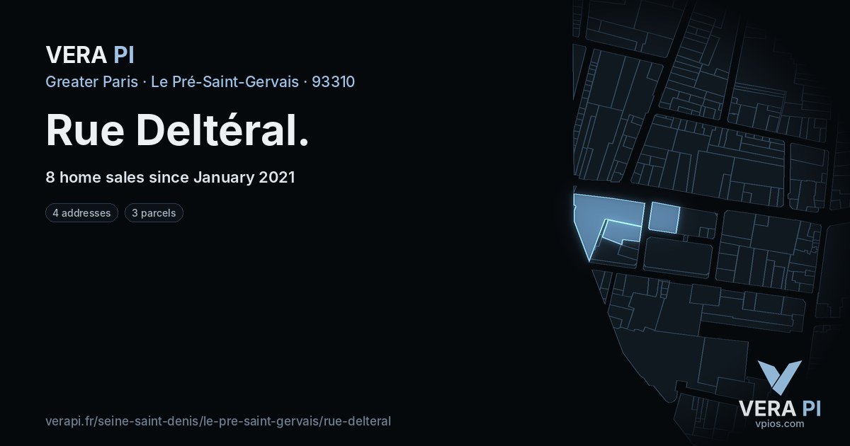 Rue Deltéral, Le Pré-Saint-Gervais at night – every parcel coloured by the prices around it, the street's own parcels lit