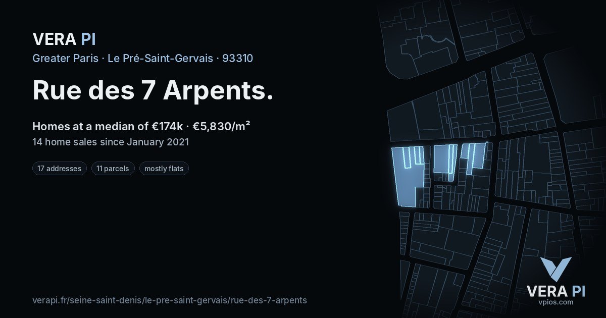 Rue des 7 Arpents, Le Pré-Saint-Gervais at night – every parcel coloured by the prices around it, the street's own parcels lit