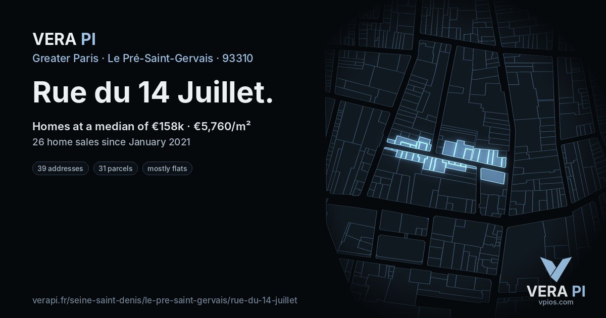 Rue du 14 Juillet, Le Pré-Saint-Gervais at night – every parcel coloured by the prices around it, the street's own parcels lit