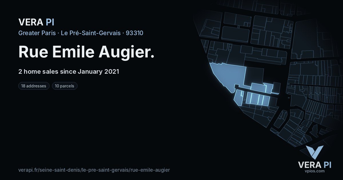 Rue Emile Augier, Le Pré-Saint-Gervais at night – every parcel coloured by the prices around it, the street's own parcels lit
