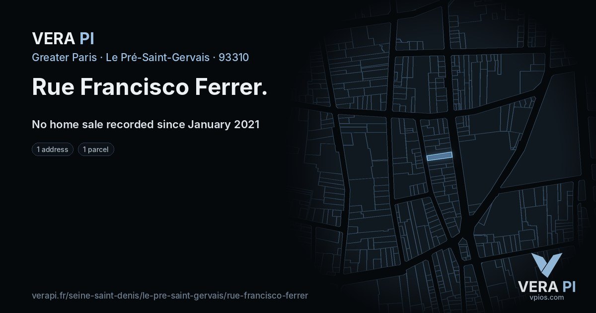 Rue Francisco Ferrer, Le Pré-Saint-Gervais at night – every parcel coloured by the prices around it, the street's own parcels lit