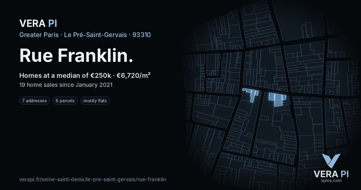 Rue Franklin, Le Pré-Saint-Gervais at night – every parcel coloured by the prices around it, the street's own parcels lit