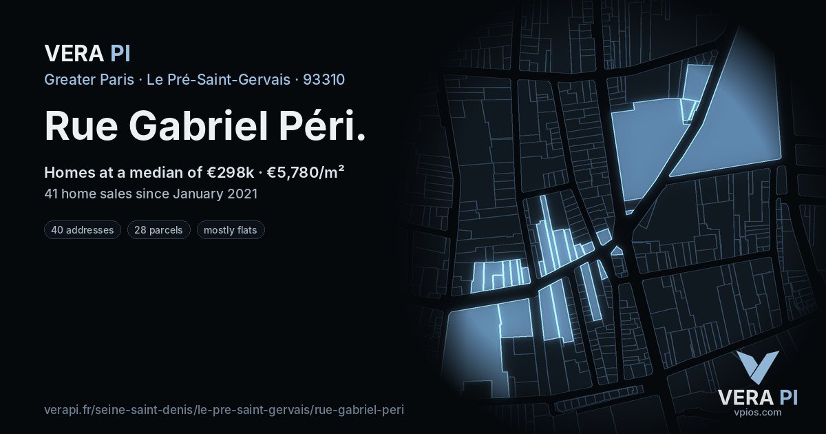 Rue Gabriel Péri, Le Pré-Saint-Gervais at night – every parcel coloured by the prices around it, the street's own parcels lit