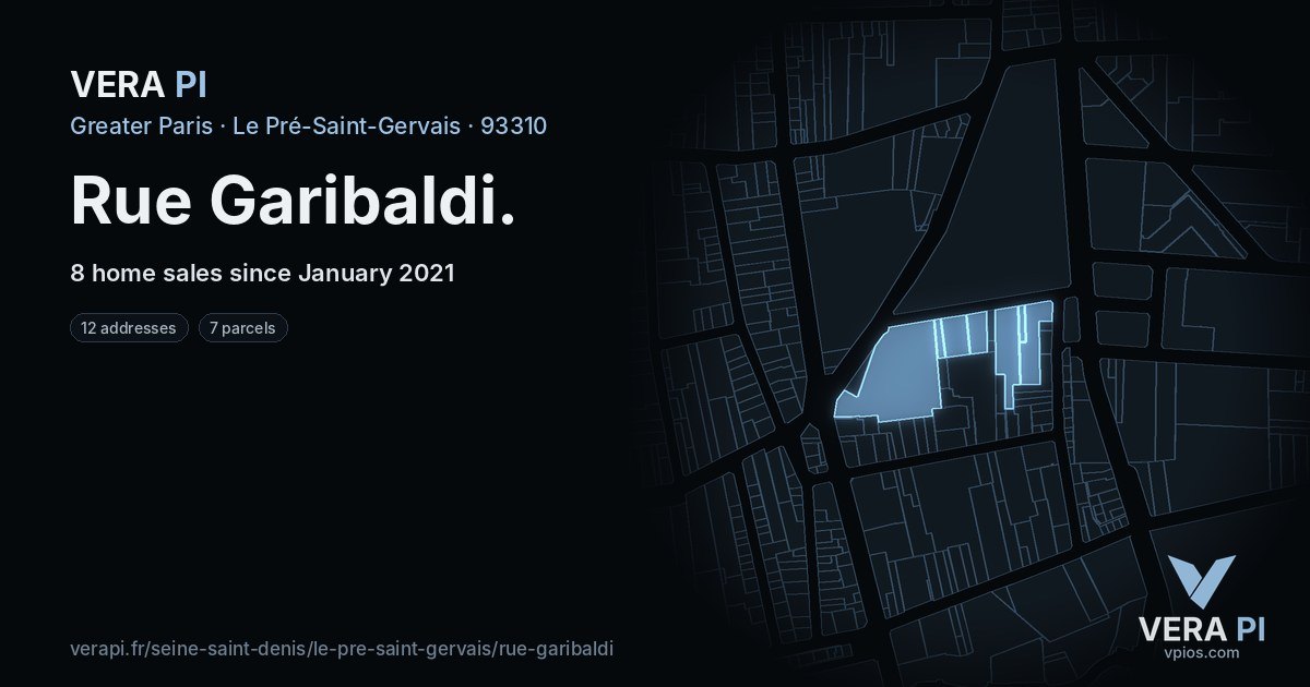 Rue Garibaldi, Le Pré-Saint-Gervais at night – every parcel coloured by the prices around it, the street's own parcels lit