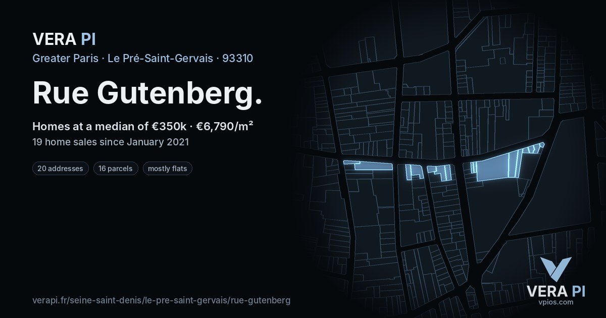 Rue Gutenberg, Le Pré-Saint-Gervais at night – every parcel coloured by the prices around it, the street's own parcels lit