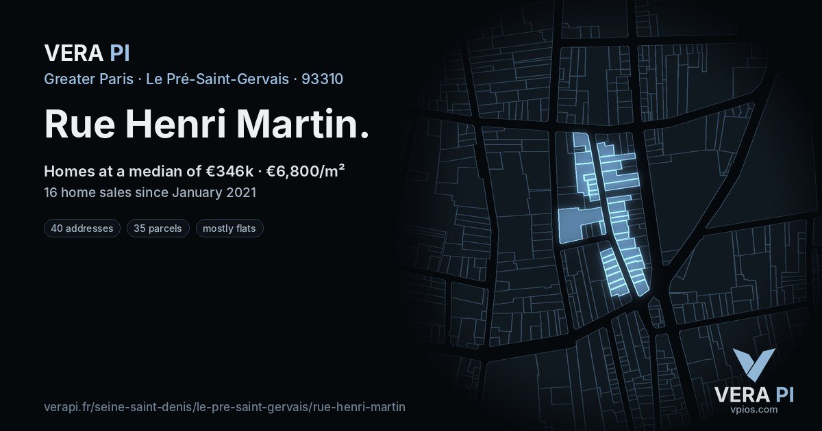 Rue Henri Martin, Le Pré-Saint-Gervais at night – every parcel coloured by the prices around it, the street's own parcels lit