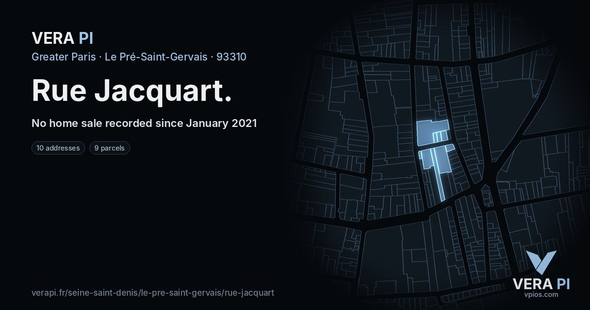 Rue Jacquart, Le Pré-Saint-Gervais at night – every parcel coloured by the prices around it, the street's own parcels lit