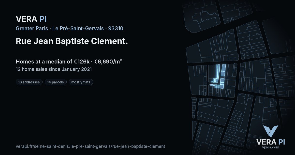 Rue Jean Baptiste Clement, Le Pré-Saint-Gervais at night – every parcel coloured by the prices around it, the street's own parcels lit