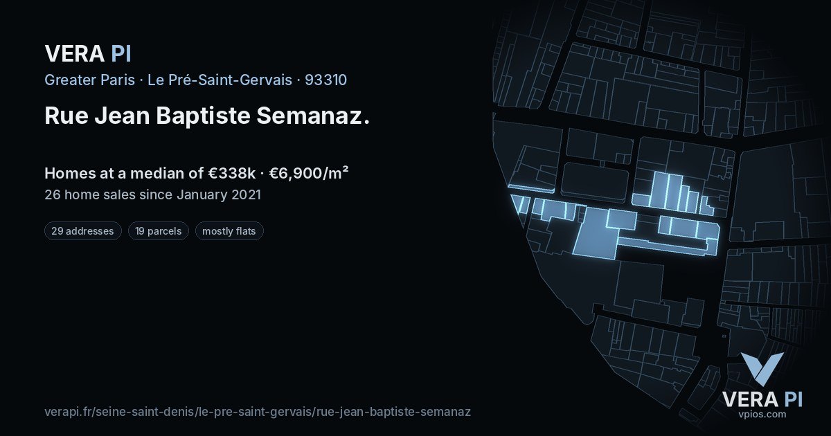 Rue Jean Baptiste Semanaz, Le Pré-Saint-Gervais at night – every parcel coloured by the prices around it, the street's own parcels lit