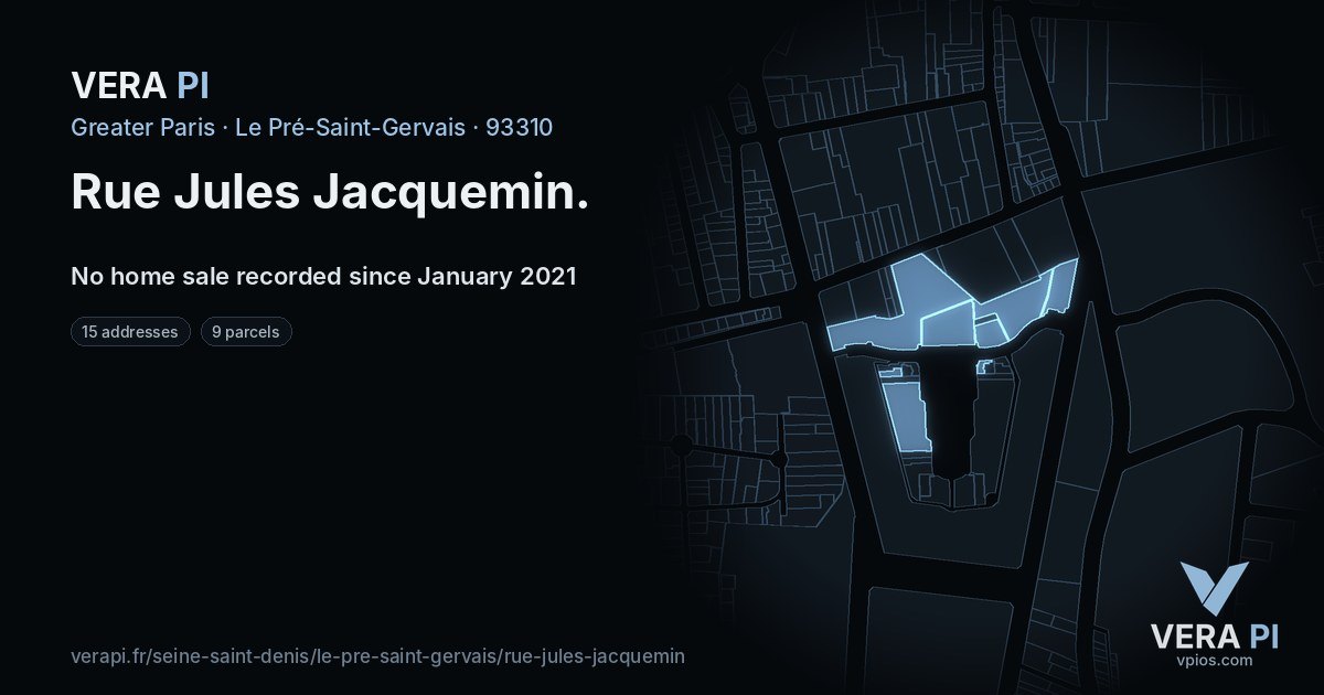 Rue Jules Jacquemin, Le Pré-Saint-Gervais at night – every parcel coloured by the prices around it, the street's own parcels lit