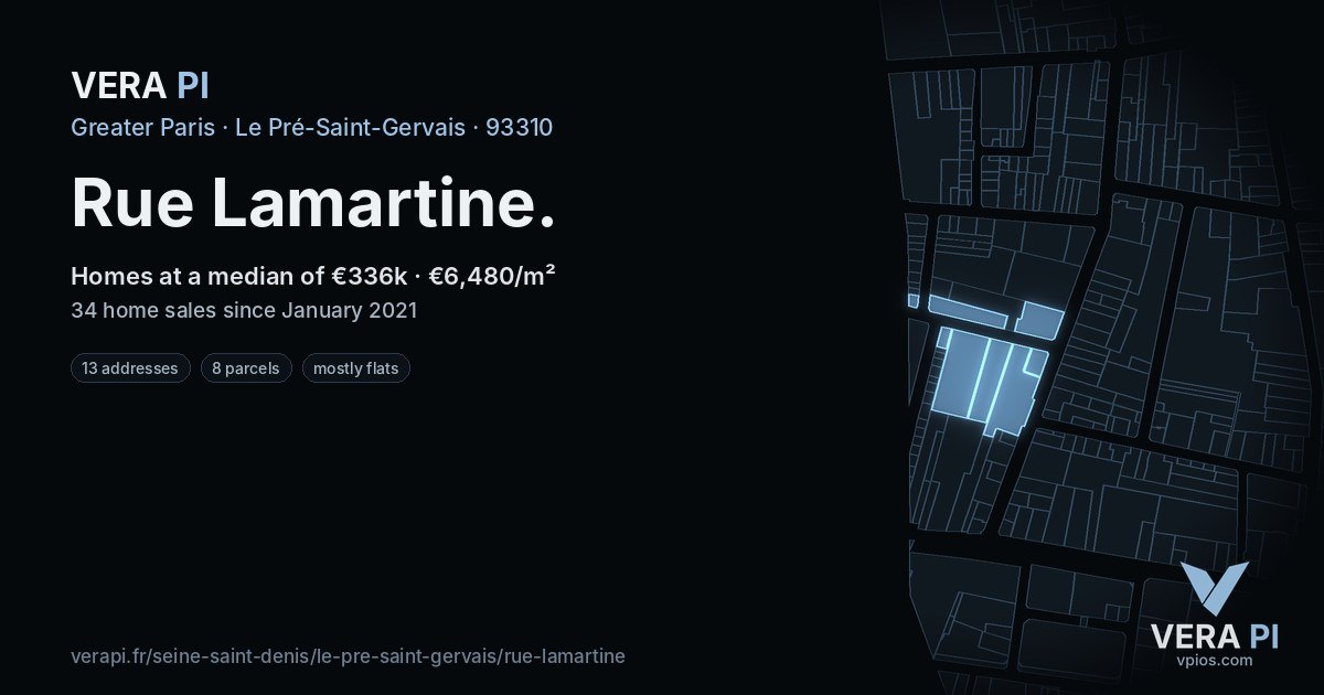 Rue Lamartine, Le Pré-Saint-Gervais at night – every parcel coloured by the prices around it, the street's own parcels lit