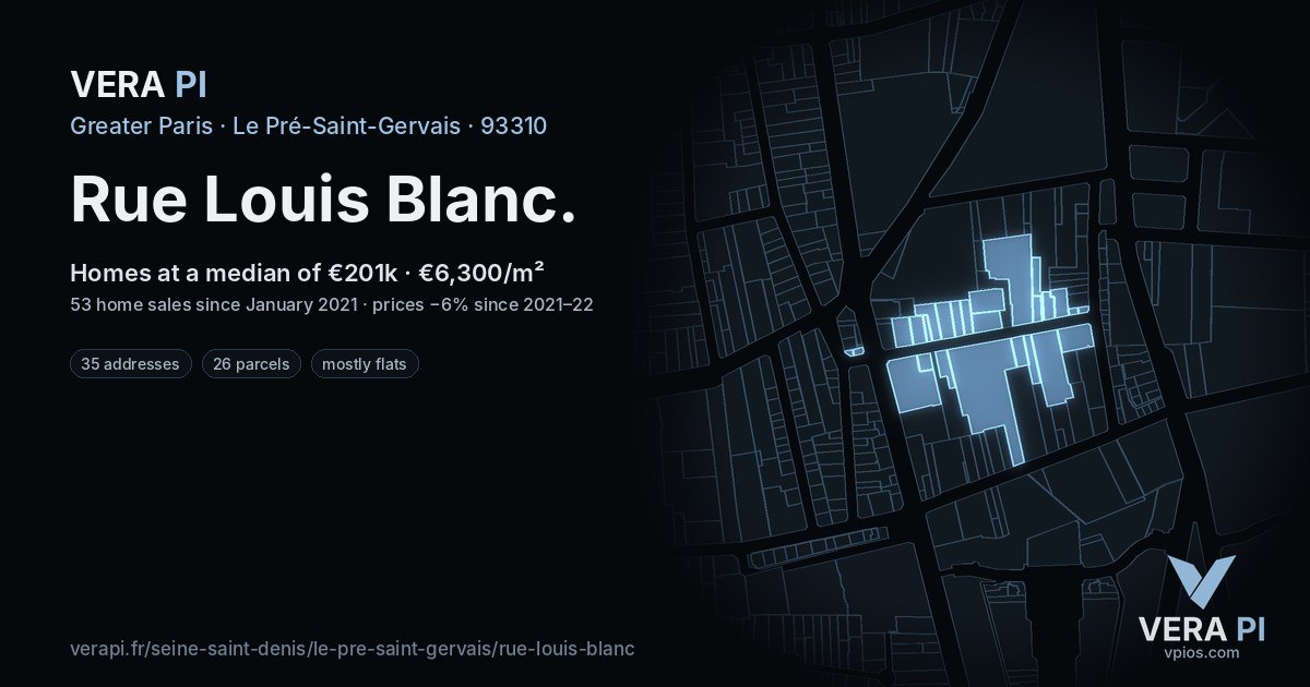 Rue Louis Blanc, Le Pré-Saint-Gervais at night – every parcel coloured by the prices around it, the street's own parcels lit