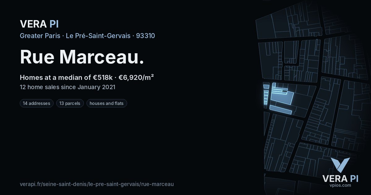 Rue Marceau, Le Pré-Saint-Gervais at night – every parcel coloured by the prices around it, the street's own parcels lit