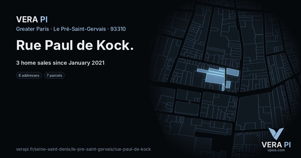 Rue Paul de Kock, Le Pré-Saint-Gervais at night – every parcel coloured by the prices around it, the street's own parcels lit
