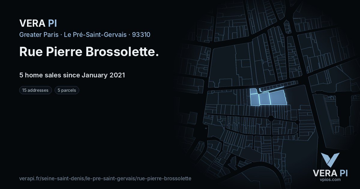 Rue Pierre Brossolette, Le Pré-Saint-Gervais at night – every parcel coloured by the prices around it, the street's own parcels lit