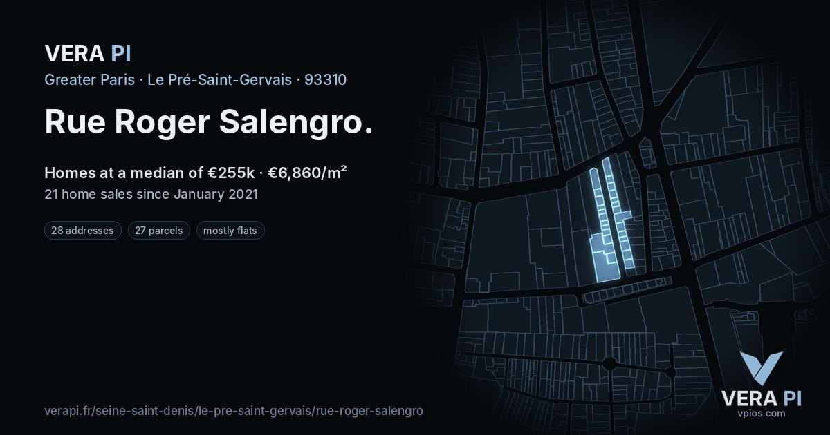 Rue Roger Salengro, Le Pré-Saint-Gervais at night – every parcel coloured by the prices around it, the street's own parcels lit