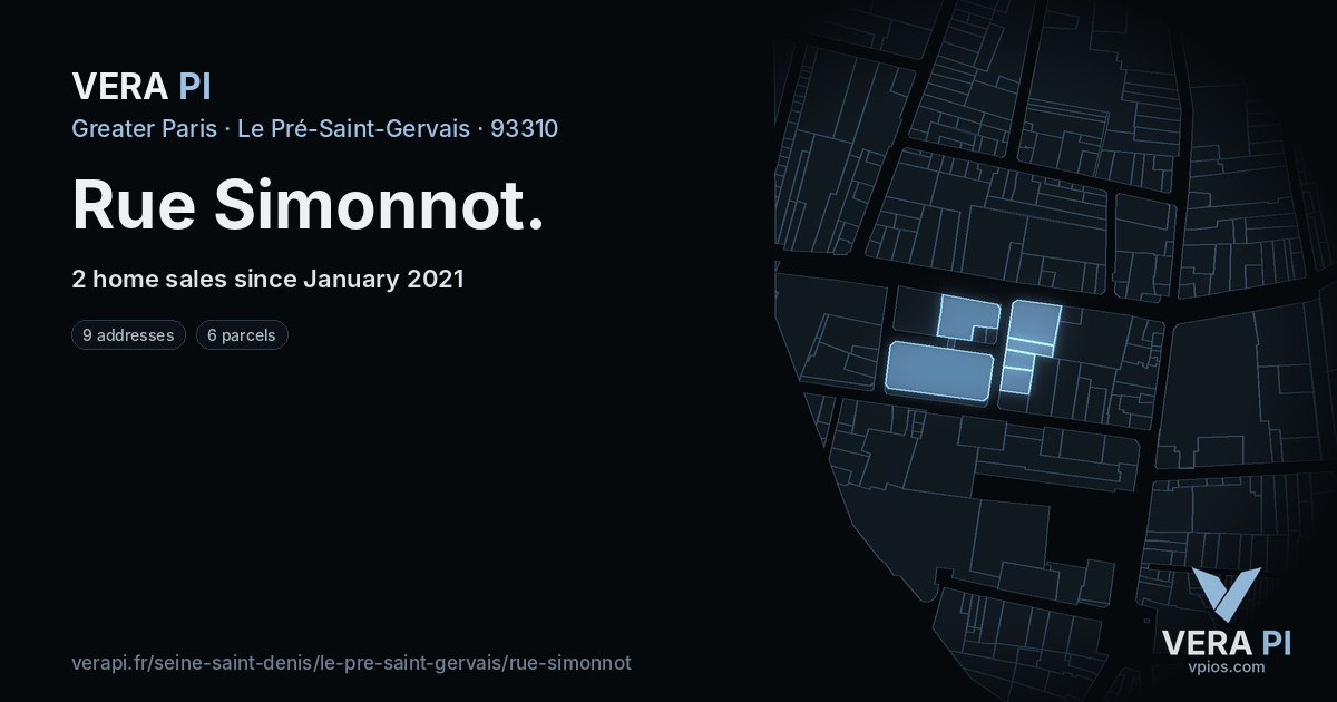 Rue Simonnot, Le Pré-Saint-Gervais at night – every parcel coloured by the prices around it, the street's own parcels lit
