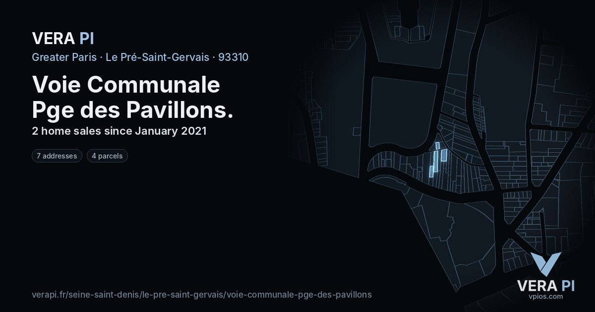 Voie Communale Pge des Pavillons, Le Pré-Saint-Gervais at night – every parcel coloured by the prices around it, the street's own parcels lit