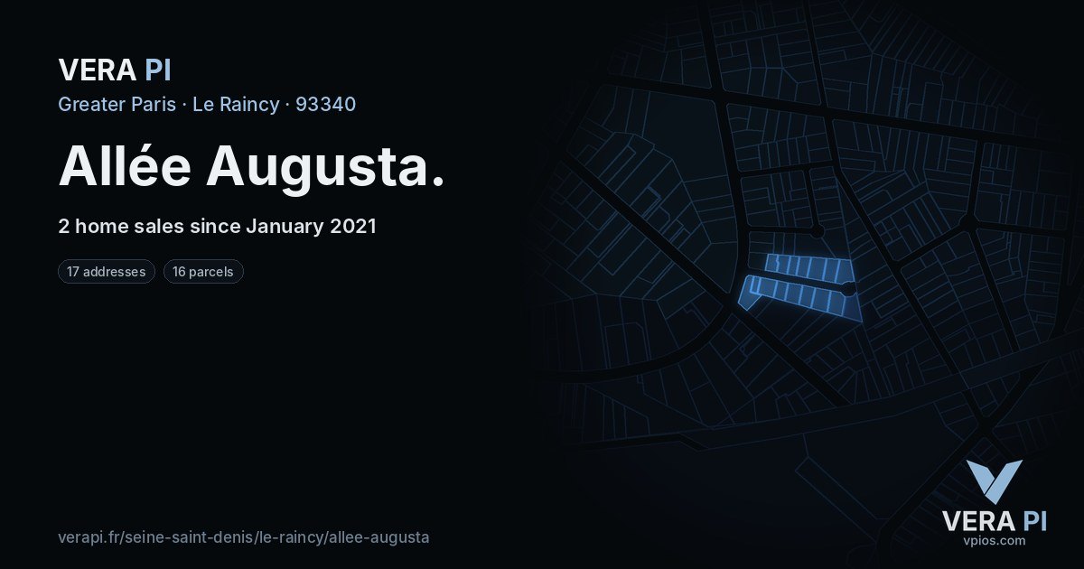 Allée Augusta, Le Raincy at night – every parcel coloured by the prices around it, the street's own parcels lit