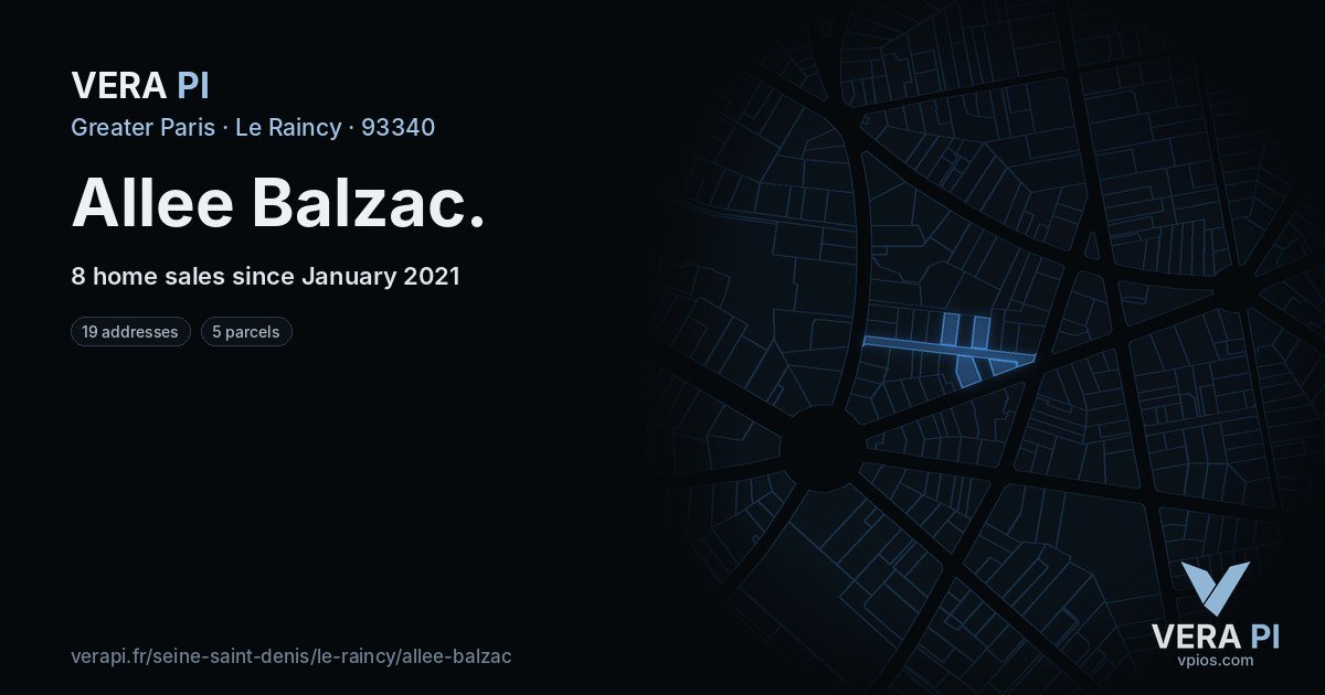 Allee Balzac, Le Raincy at night – every parcel coloured by the prices around it, the street's own parcels lit