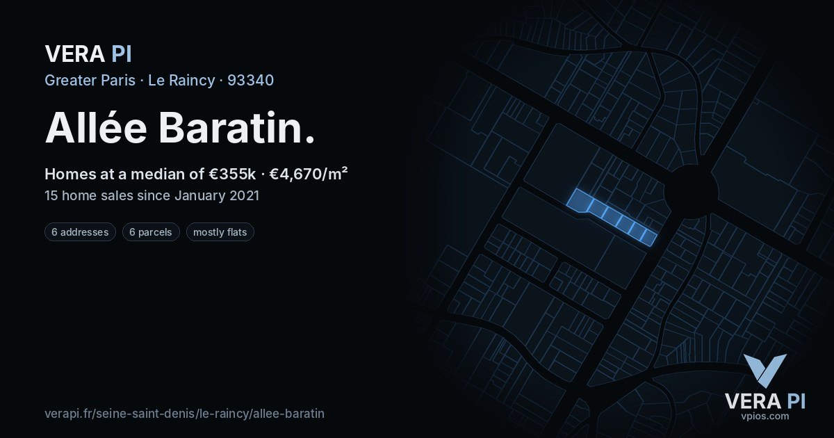 Allée Baratin, Le Raincy at night – every parcel coloured by the prices around it, the street's own parcels lit