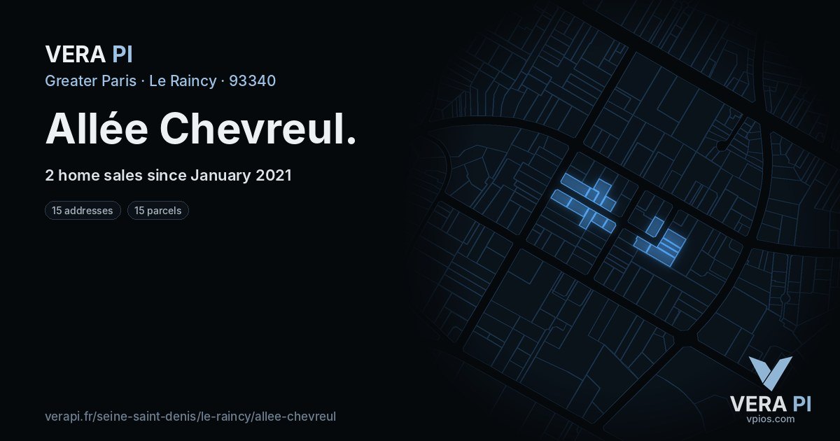 Allée Chevreul, Le Raincy at night – every parcel coloured by the prices around it, the street's own parcels lit