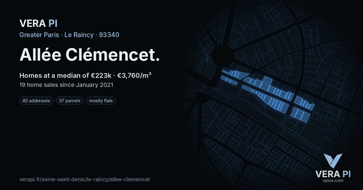 Allée Clémencet, Le Raincy at night – every parcel coloured by the prices around it, the street's own parcels lit