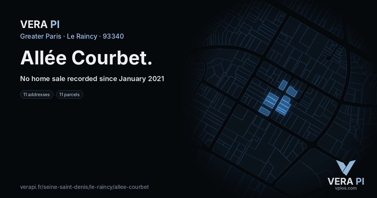 Allée Courbet, Le Raincy at night – every parcel coloured by the prices around it, the street's own parcels lit