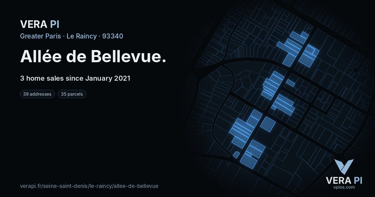 Allée de Bellevue, Le Raincy at night – every parcel coloured by the prices around it, the street's own parcels lit