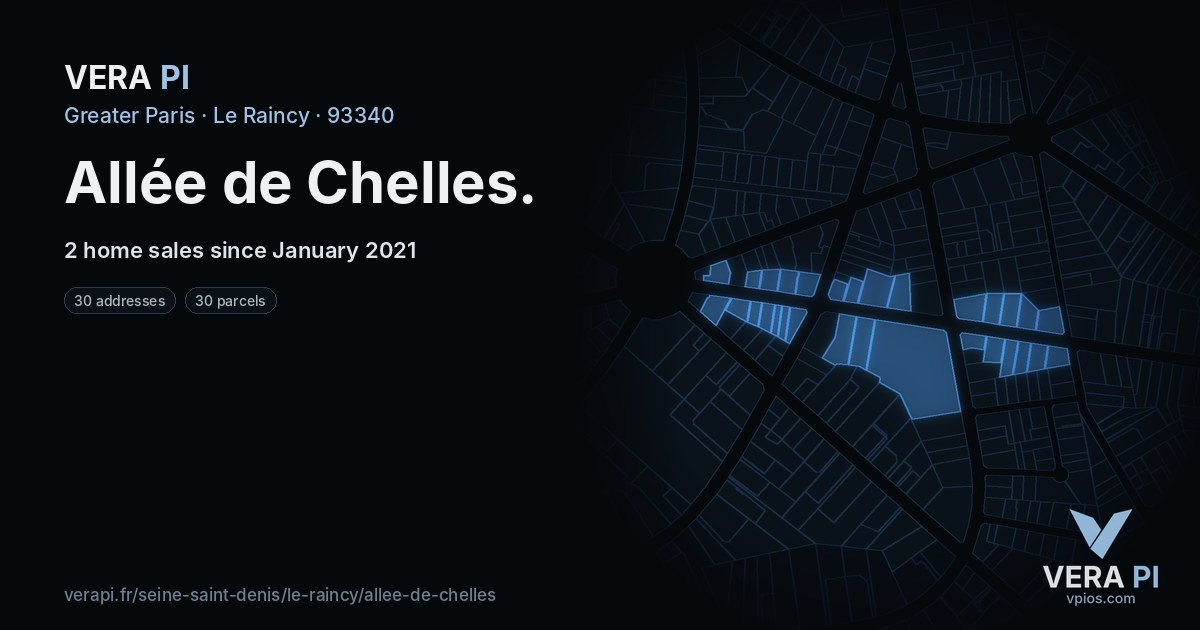 Allée de Chelles, Le Raincy at night – every parcel coloured by the prices around it, the street's own parcels lit