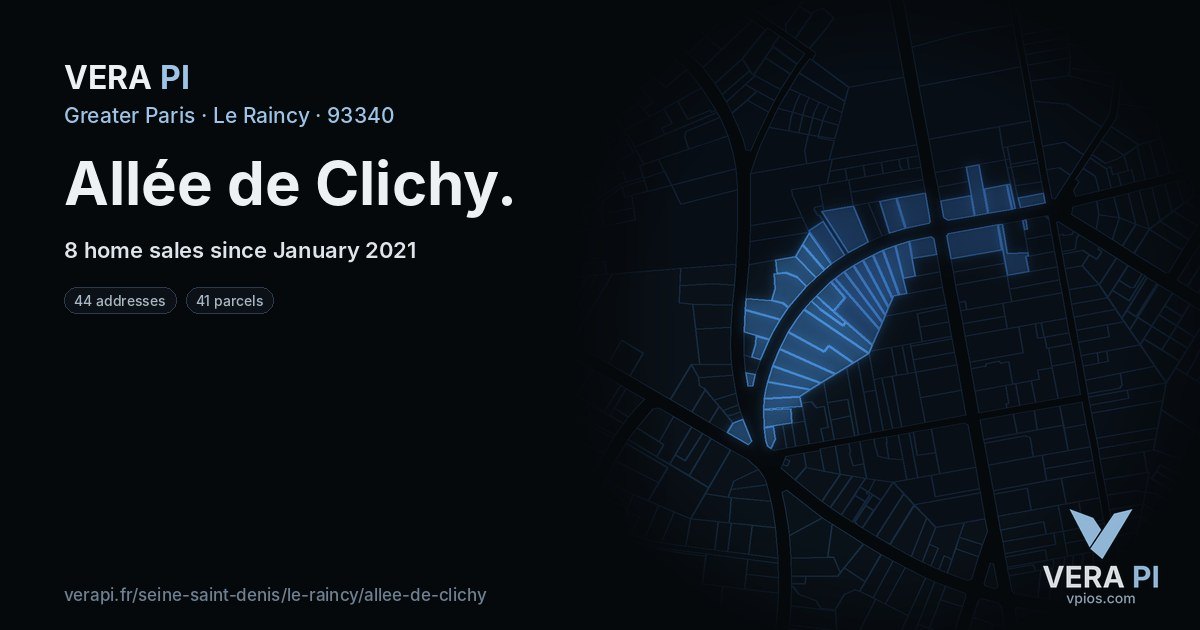 Allée de Clichy, Le Raincy at night – every parcel coloured by the prices around it, the street's own parcels lit
